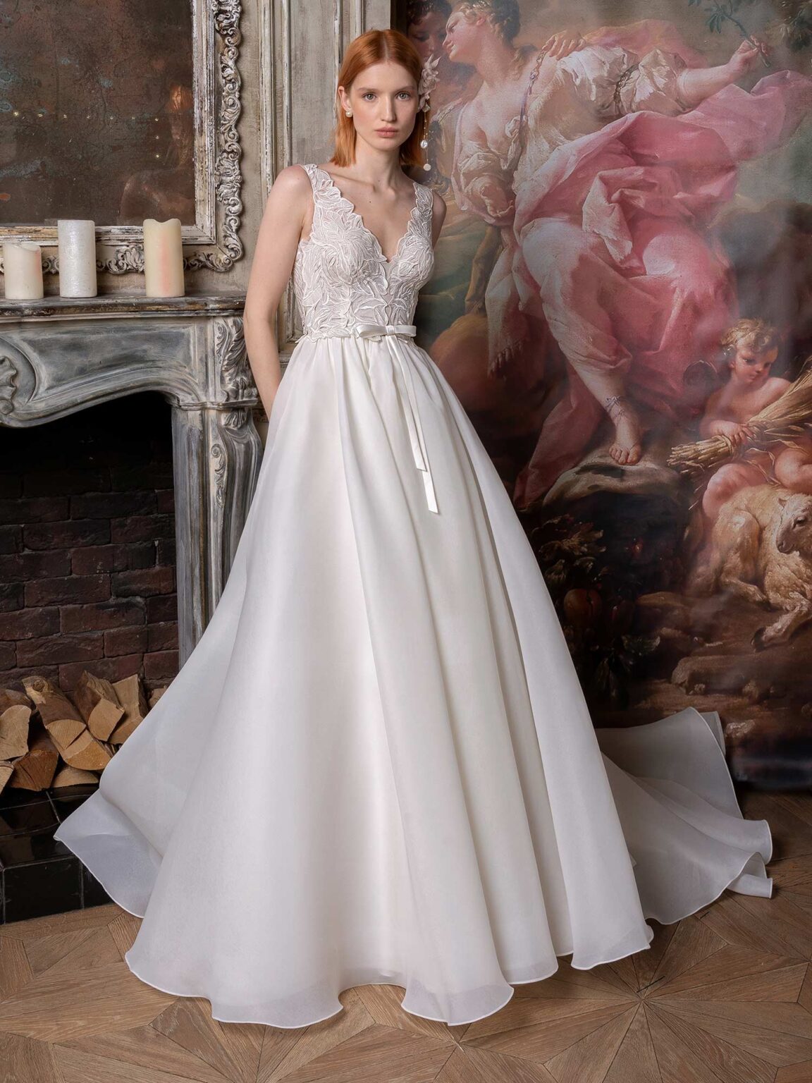 Strapless modern wedding dress with pearl beading
