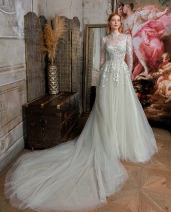 High-neck A-line wedding dress with long sleeves