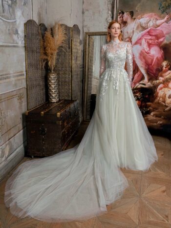 High-neck A-line wedding dress with long sleeves