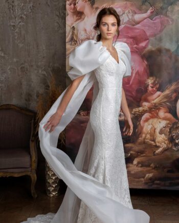 Fit and flare wedding dress with oversized sleeves