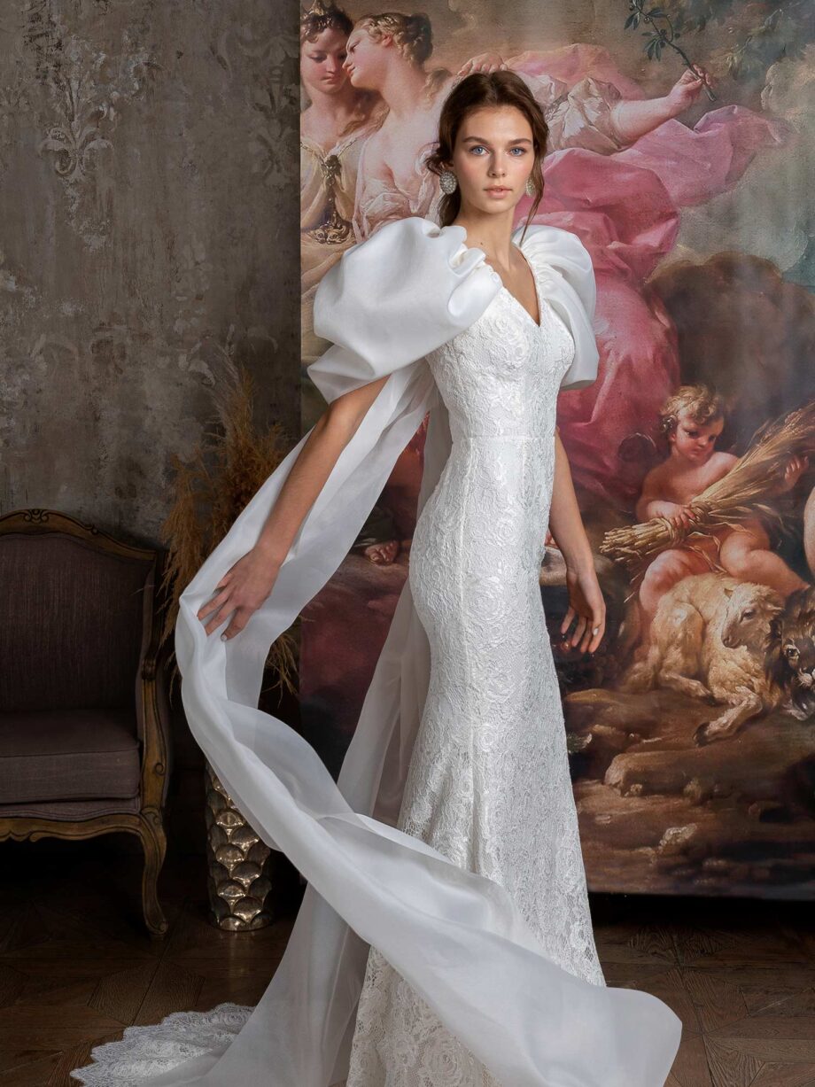 Fit and flare wedding dress with oversized sleeves