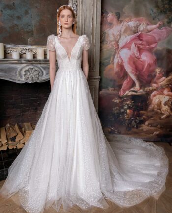 Cap sleeve A-line wedding dress with V-neckline