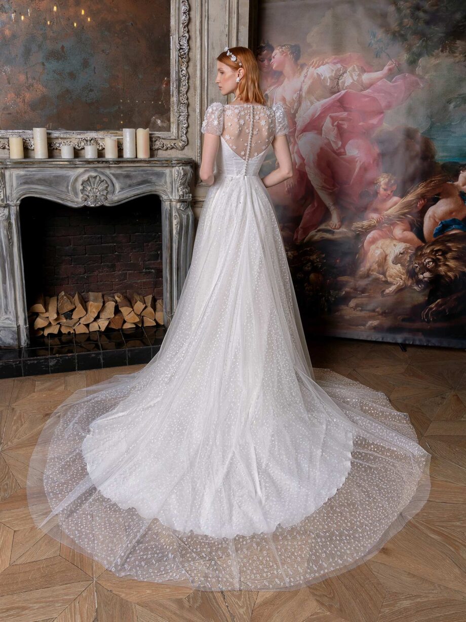 Cap sleeve A-line wedding dress with V-neckline