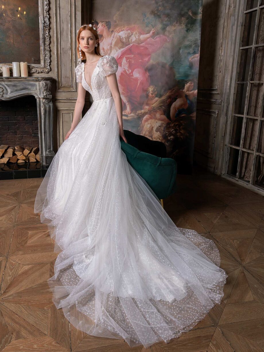 Cap sleeve A-line wedding dress with V-neckline