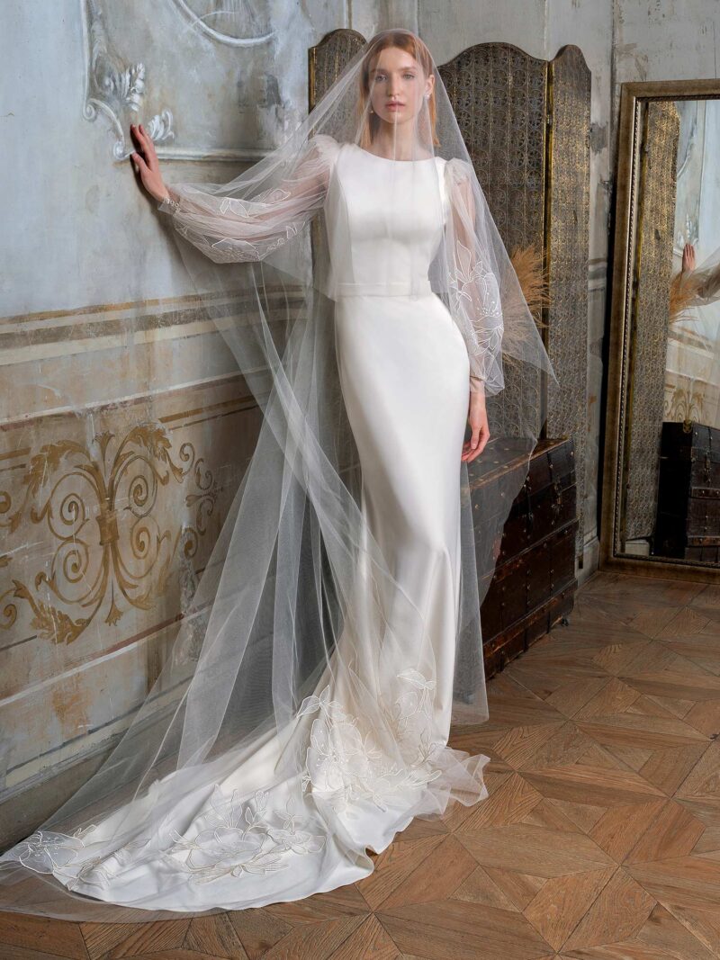 Fit and flare wedding dress with long balloon sleeves