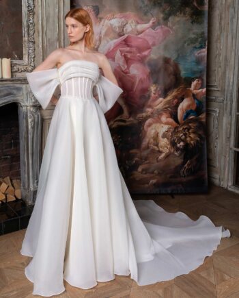 Off-the-shoulder A-line wedding dress with draped  bodice