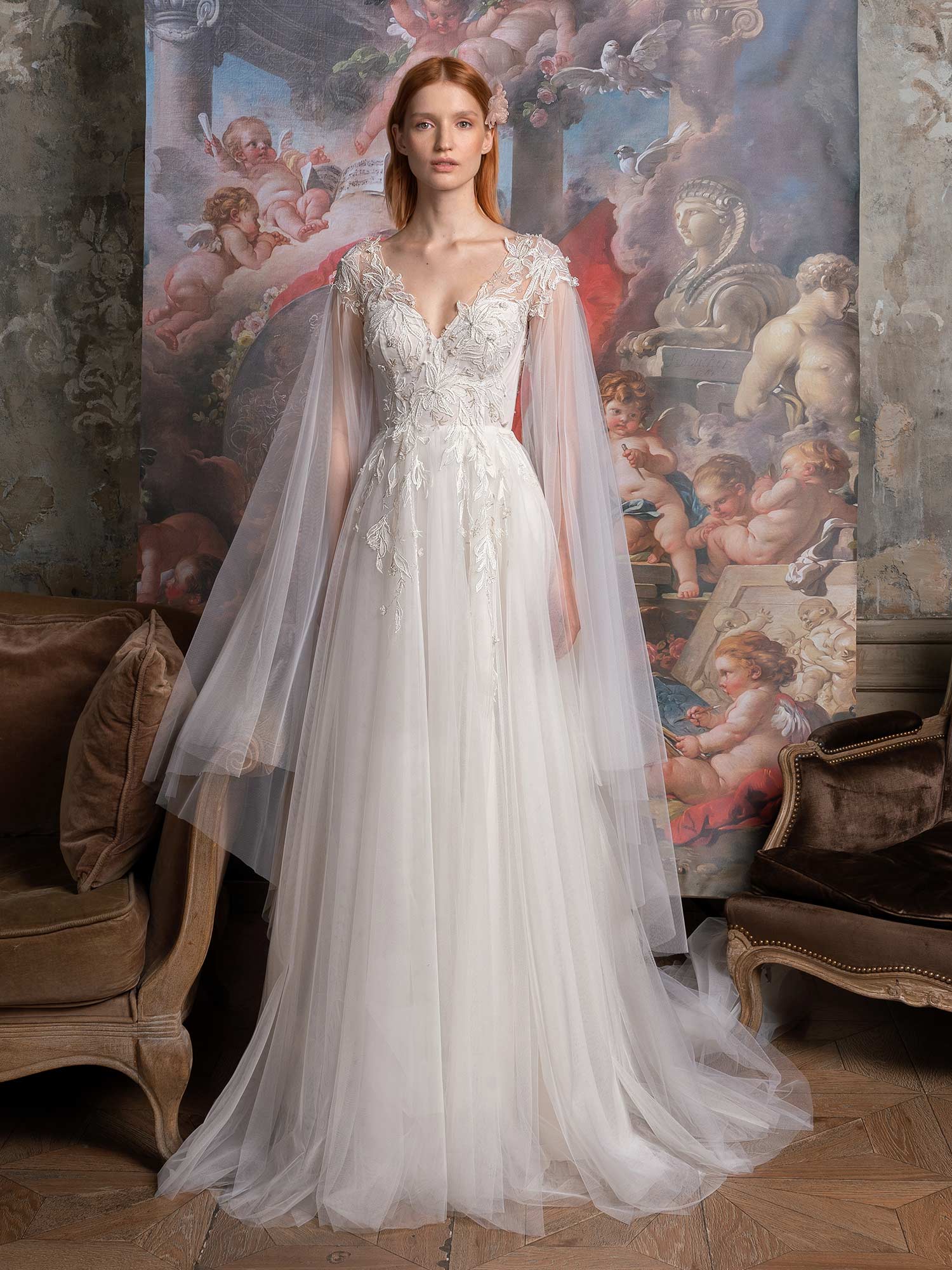 A Line Wedding Gown With Cape Sleeves 0281