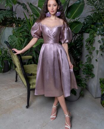 Cocktail dress with balloon sleeves and off the shoulder neckline