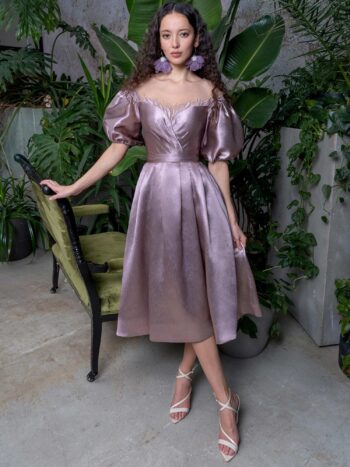 Cocktail dress with balloon sleeves and off the shoulder neckline