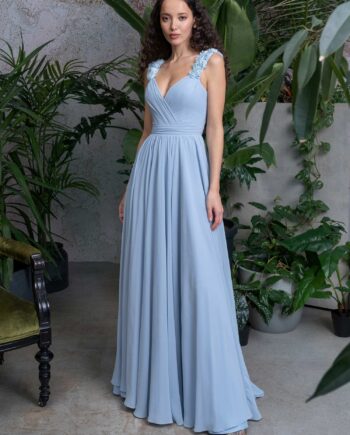 V-neck chiffon evening gown with embroidered floral straps