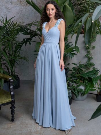 V-neck chiffon evening gown with embroidered floral straps