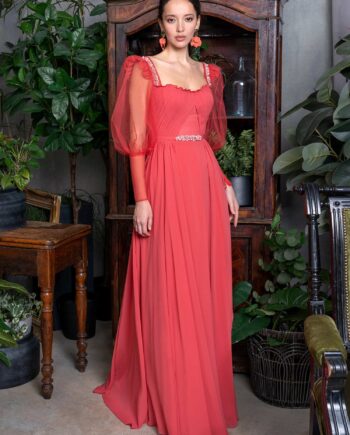 Puff sleeve evening dress with draped bodice and embellishments