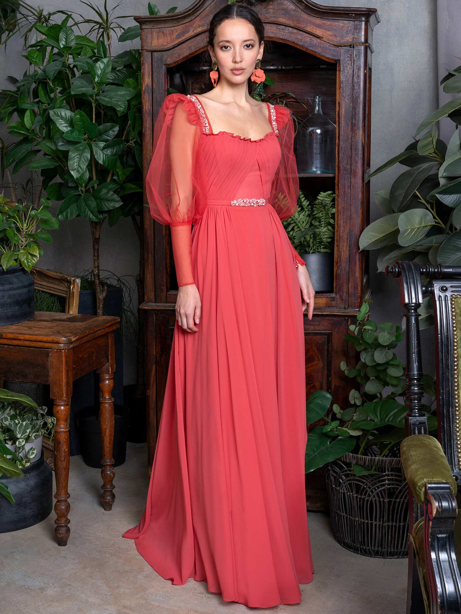 Puff sleeve evening dress with draped bodice and embellishments