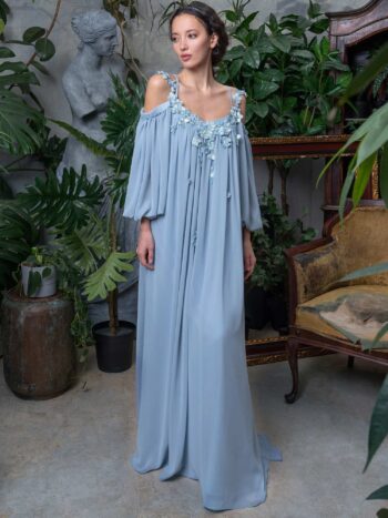 Chiffon maxi dress with off the shoulder sleeves and floral 3D embroidery