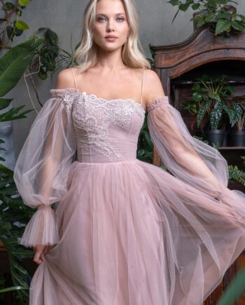 Tulle A-line evening dress with asymmetrical neckline and long bishop sleeves