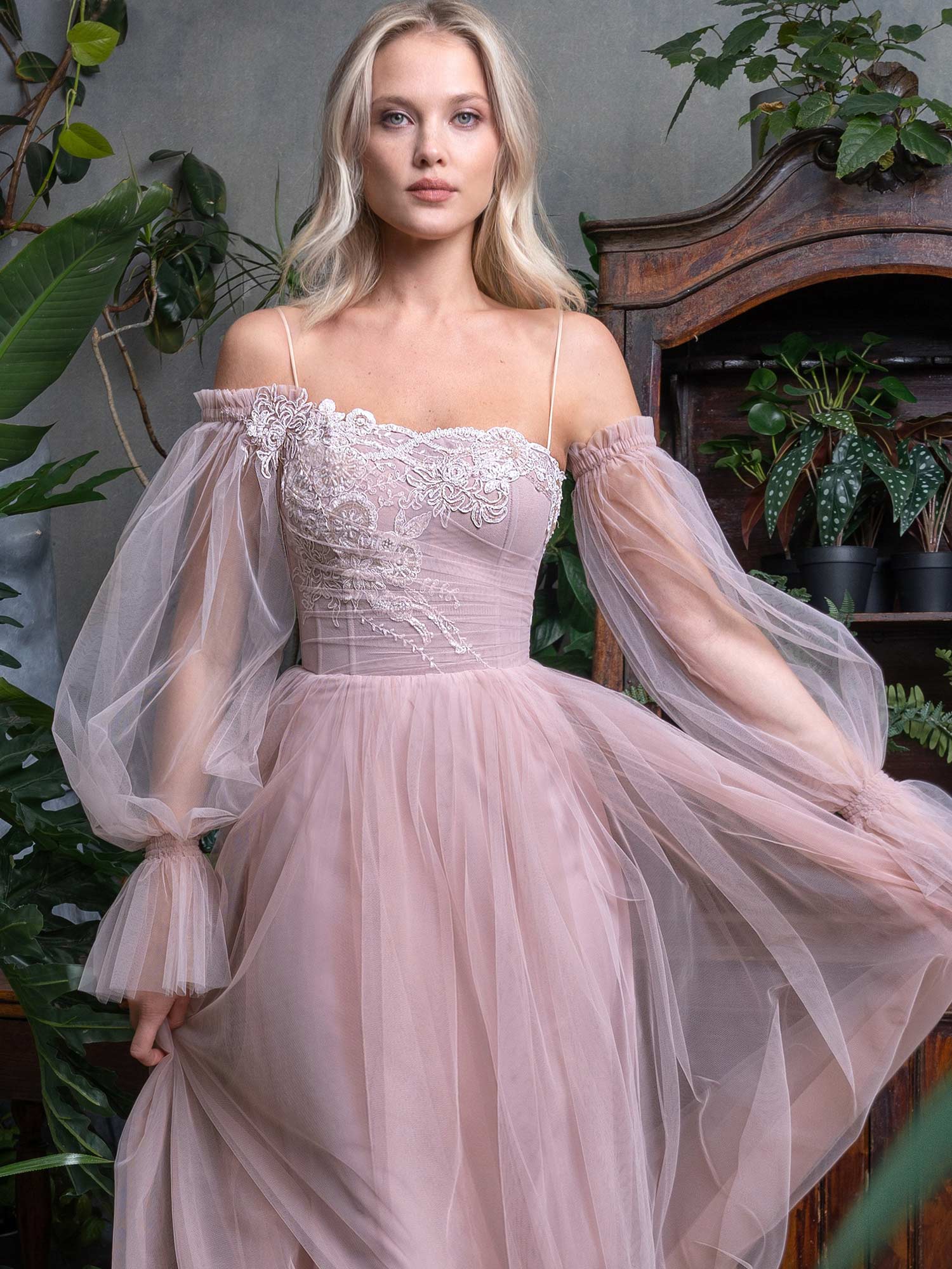 Tulle A-line evening dress with asymmetrical neckline and long bishop sleeves