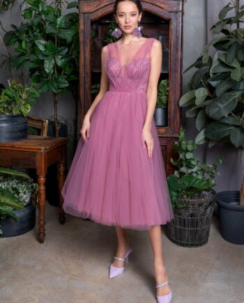 Cocktail dress with full tulle skirt and illusion V-neckline