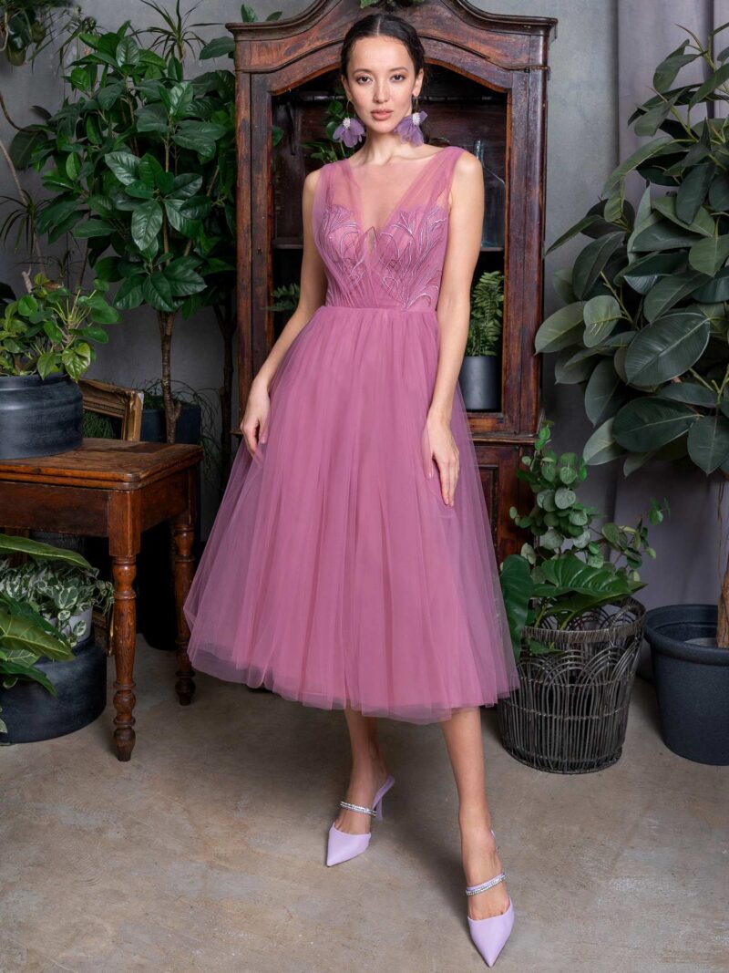 Cocktail dress with full tulle skirt and illusion V-neckline