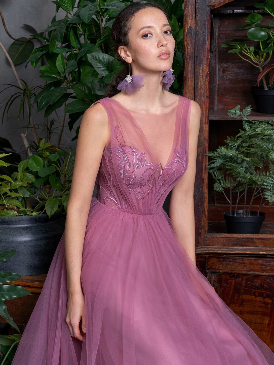 Cocktail dress with full tulle skirt and illusion V-neckline