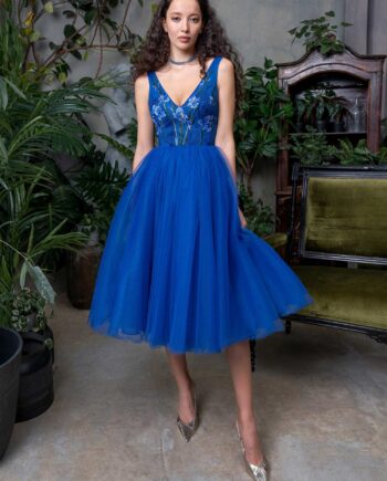 Full skirt evening dress with floral V-neck bodice