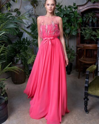 Chiffon evening gown with floral illusion neck bodice