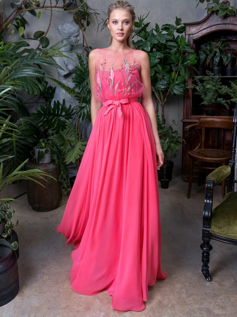 Chiffon evening gown with floral illusion neck bodice