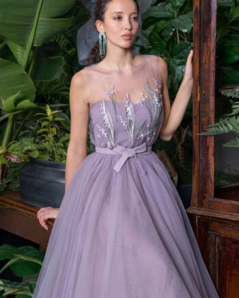 Tulle evening dress with floral illusion neck bodice