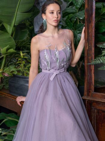 Tulle evening dress with floral illusion neck bodice