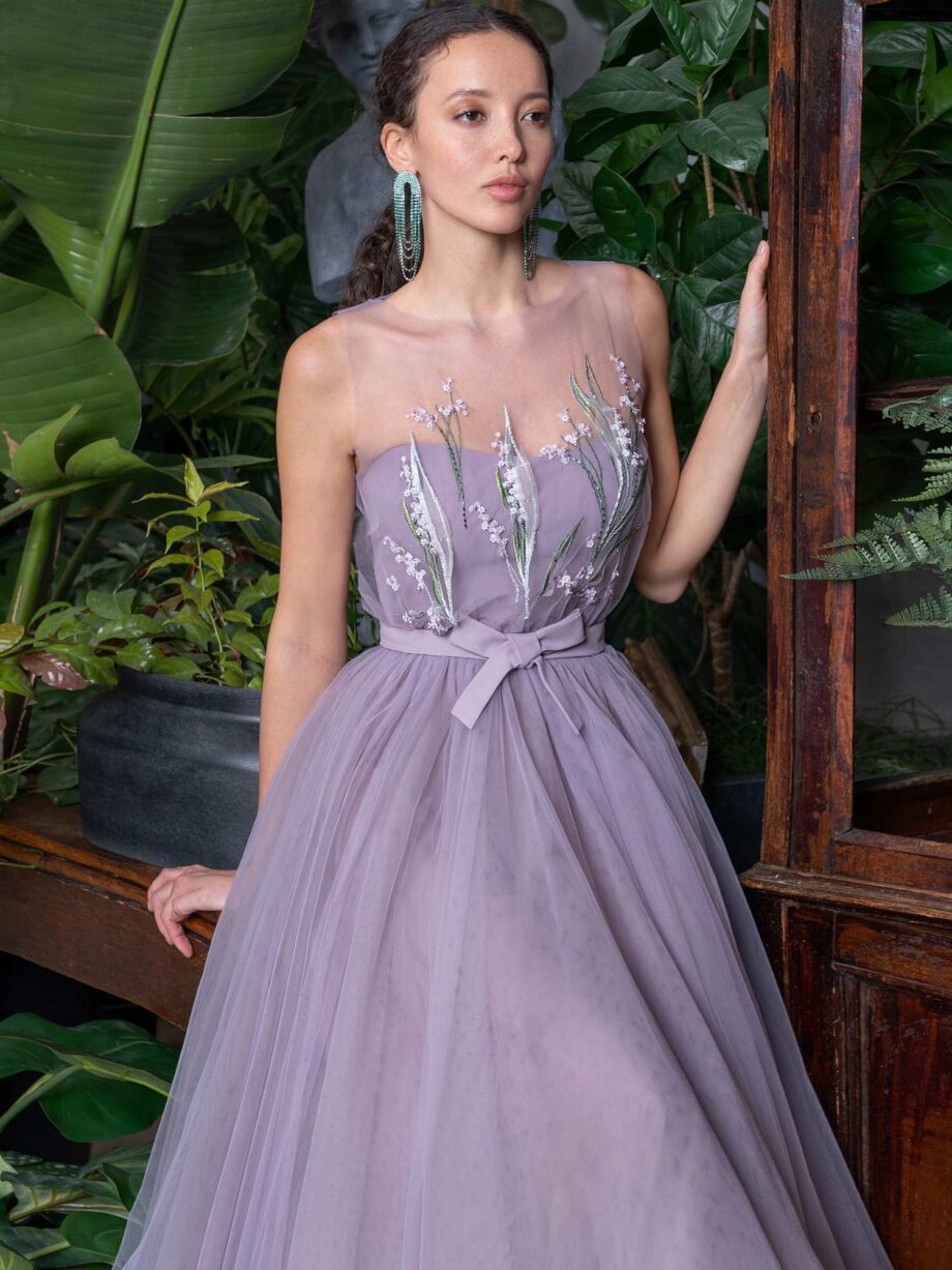 Tulle evening dress with floral illusion neck bodice