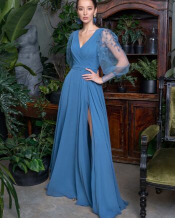 V-neck chiffon evening dress with long puffy sleeves and slit skirt