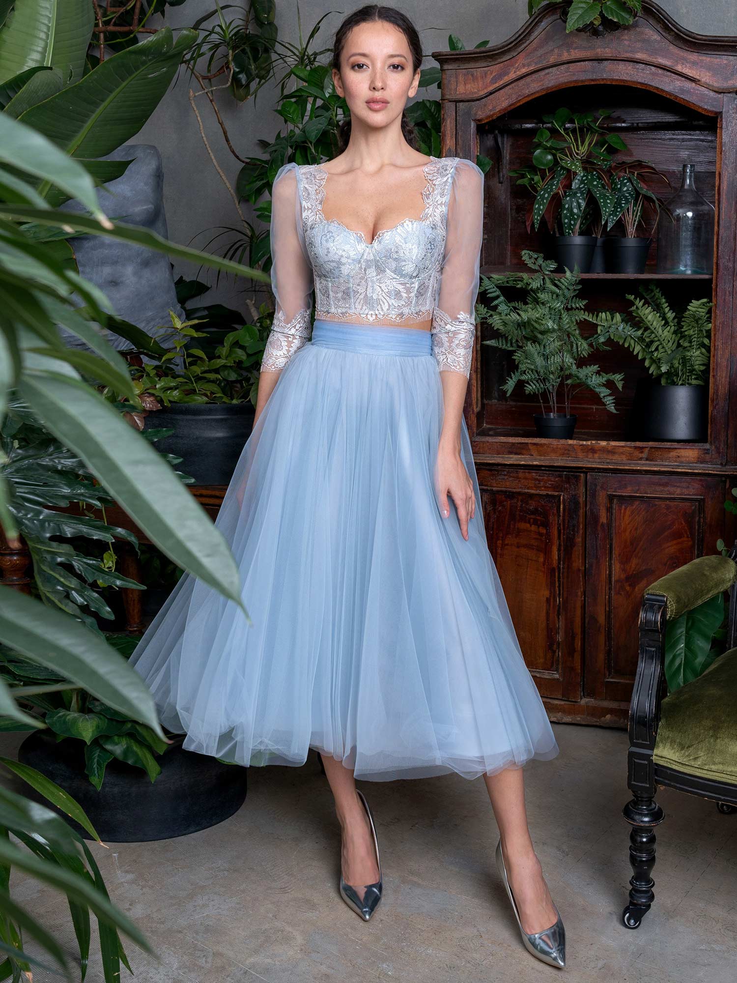 Two-piece lace crop top and tulle skirt set