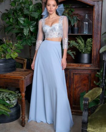 Two-piece lace crop top and chiffon skirt set