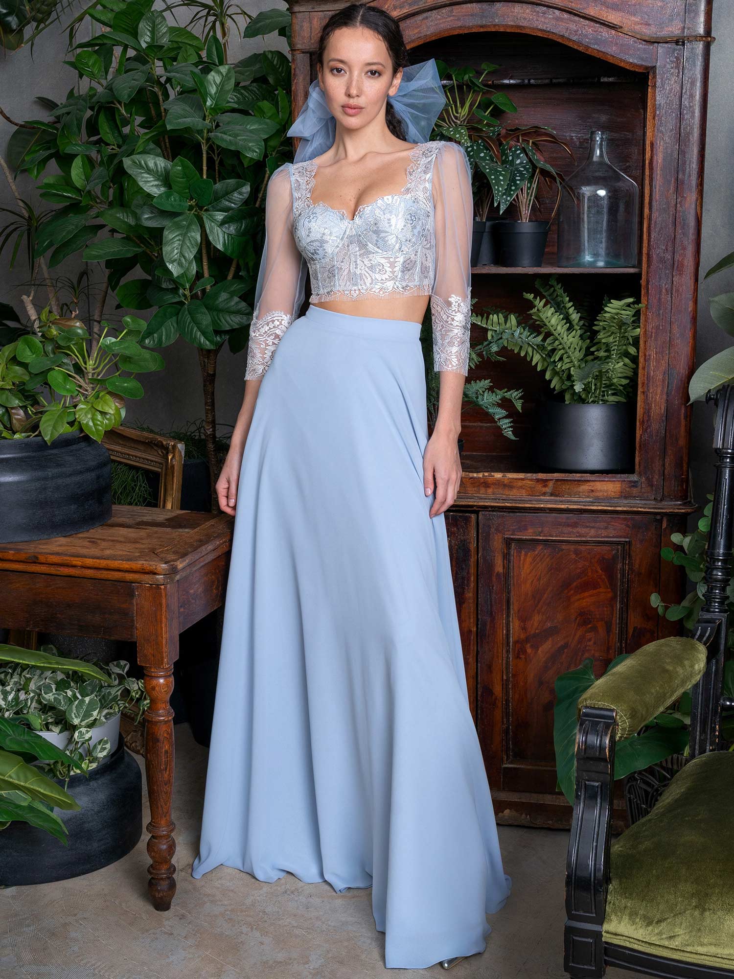 Two-piece lace crop top and chiffon skirt set