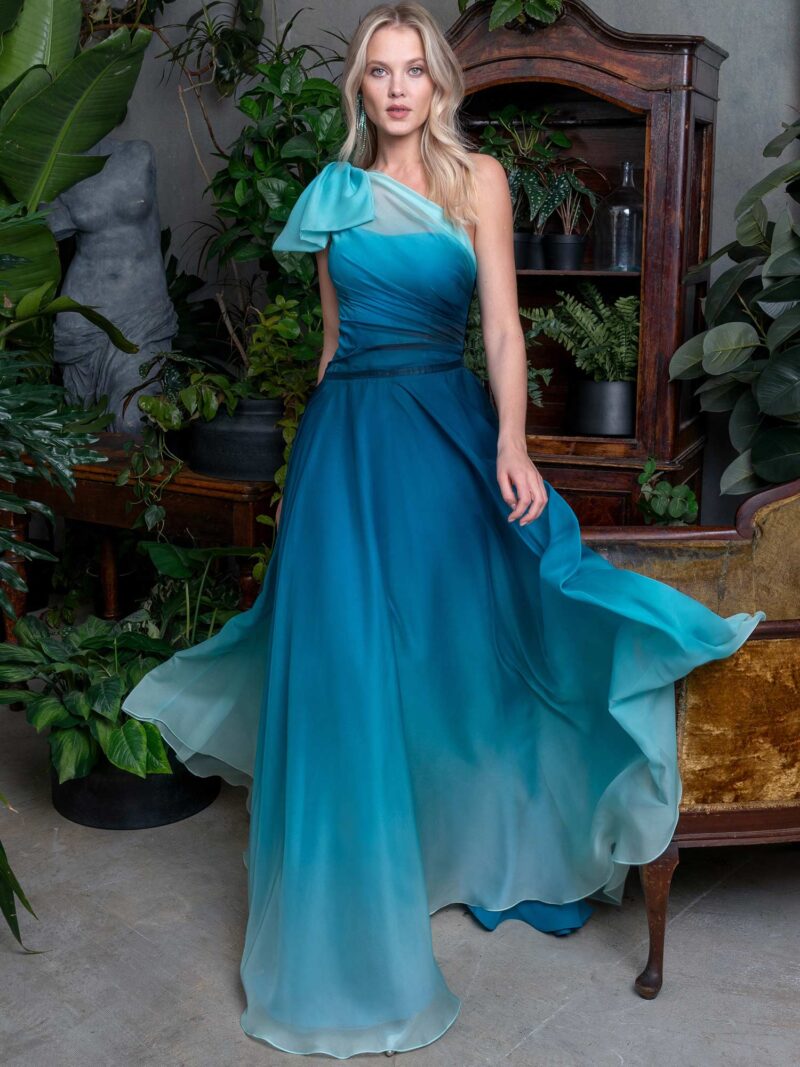 Ombre evening dress with draped one-sleeve bodice