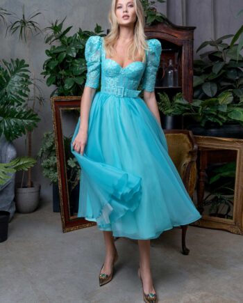 Puff sleeve cocktail dress with bustier bodice