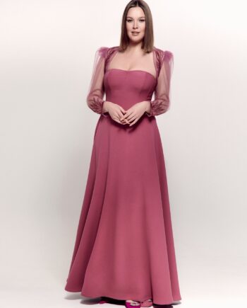 Strapless plus size evening gown with long-sleeve bolero