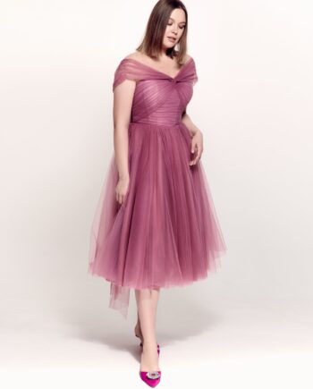 Plus size cocktail dress with off-the-shoulder neckline