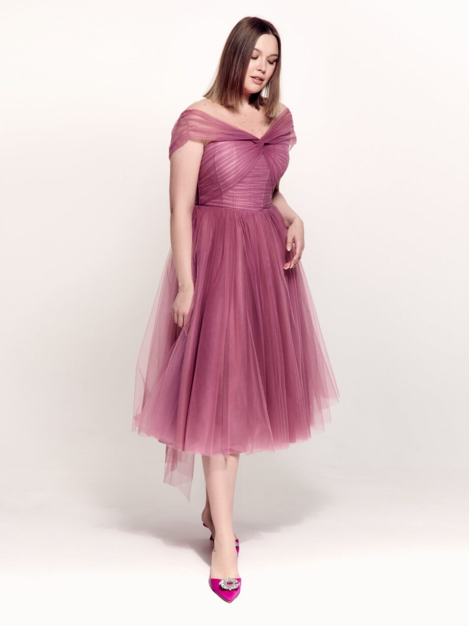 Plus size cocktail dress with off-the-shoulder neckline