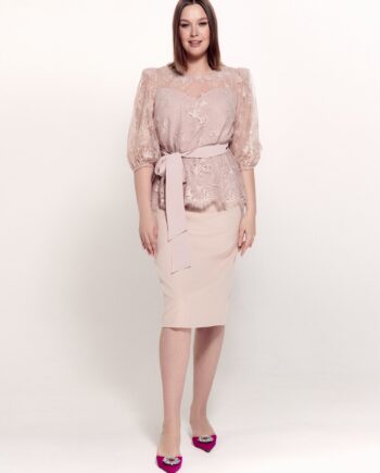 Two-piece evening set with 3/4 sleeve lace blouse and pencil skirt (Plus Size)