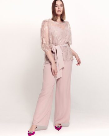 Two-piece evening set with 3/4 sleeve lace blouse and chiffon pants (Plus Size)