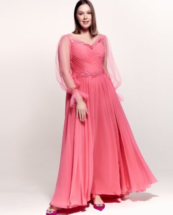 Plus size sheath gown with bishop sleeves