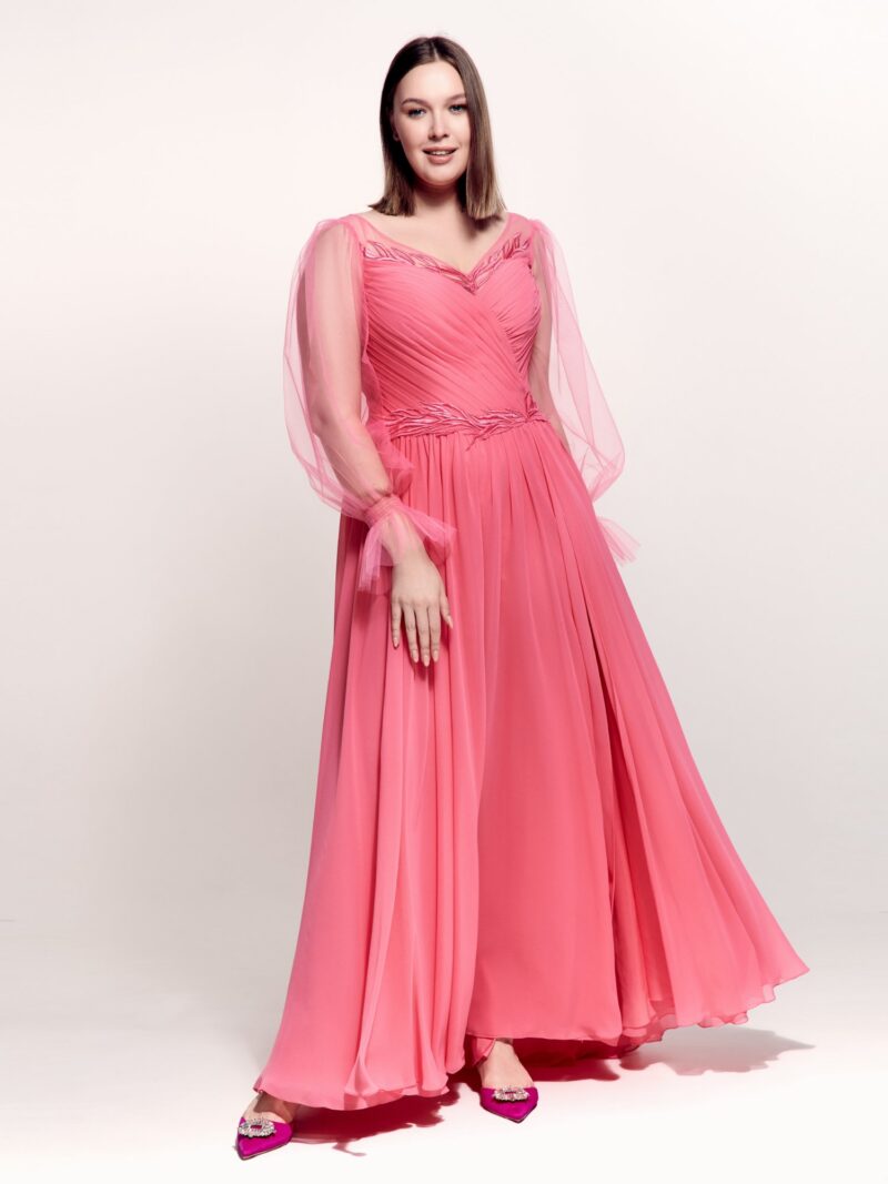 Plus size sheath gown with bishop sleeves