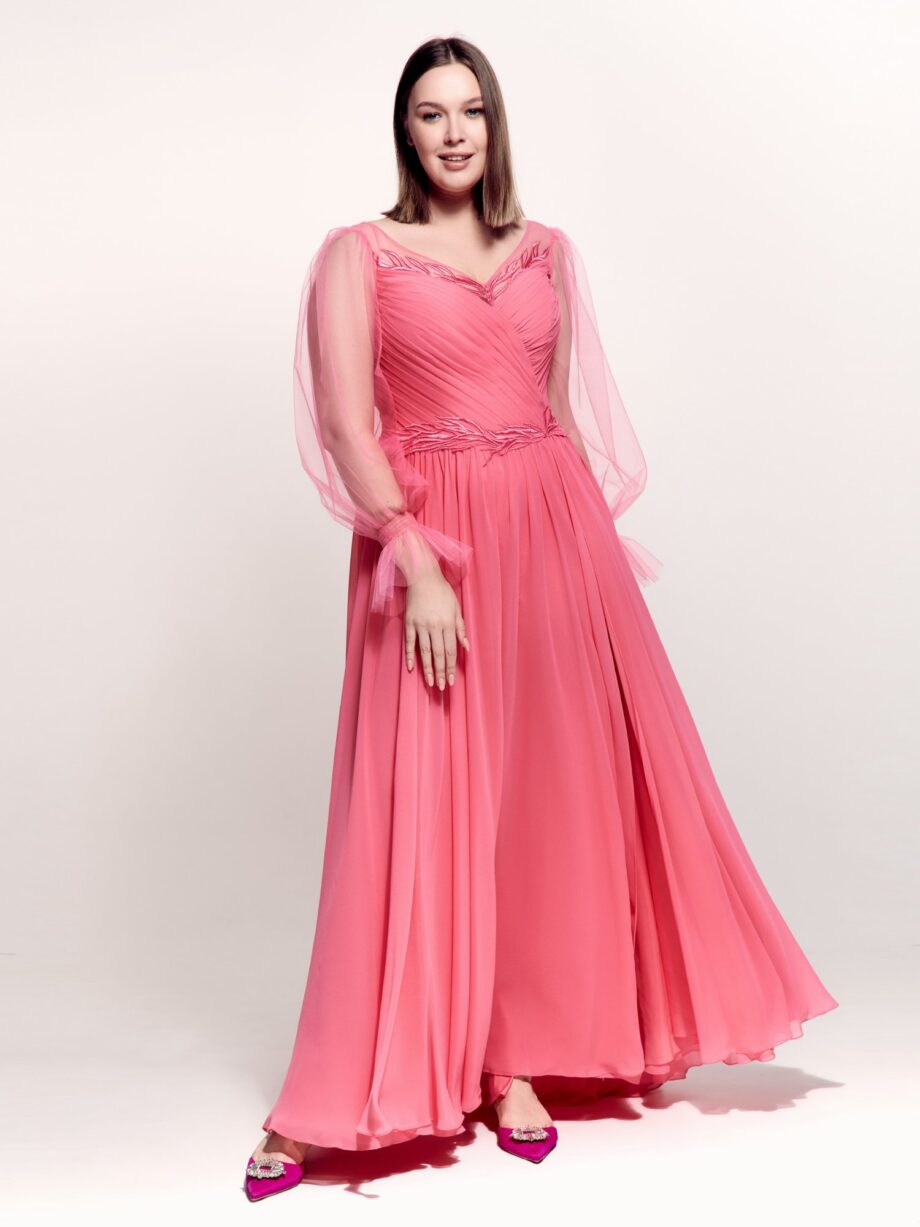 Plus size sheath gown with bishop sleeves