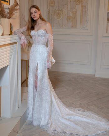 Sheath wedding gown with detachable long sleeves and accent bow