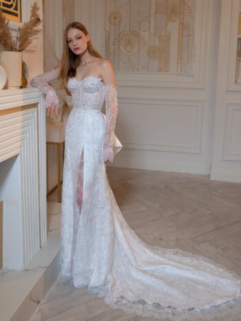 Sheath wedding gown with detachable long sleeves and accent bow