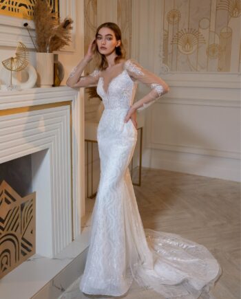 Beaded fit and flare wedding dress with long sleeves