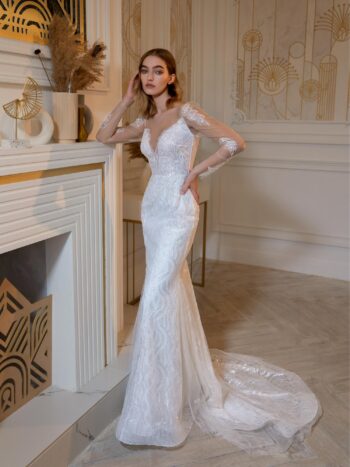 Beaded fit and flare wedding dress with long sleeves