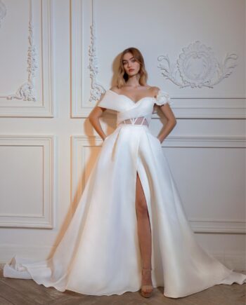 Organza off-the-shoulder A-line wedding dress with a slit