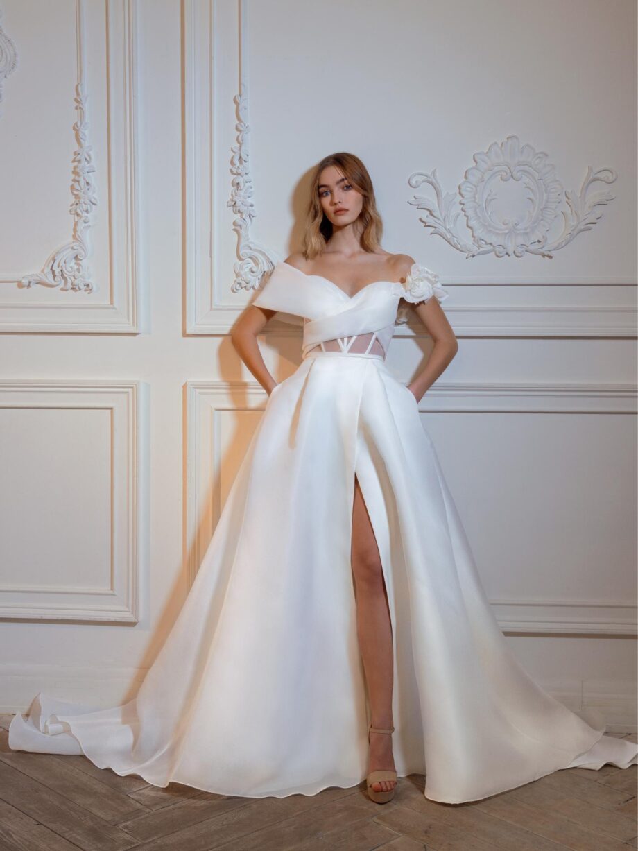 Organza off-the-shoulder A-line wedding dress with a slit