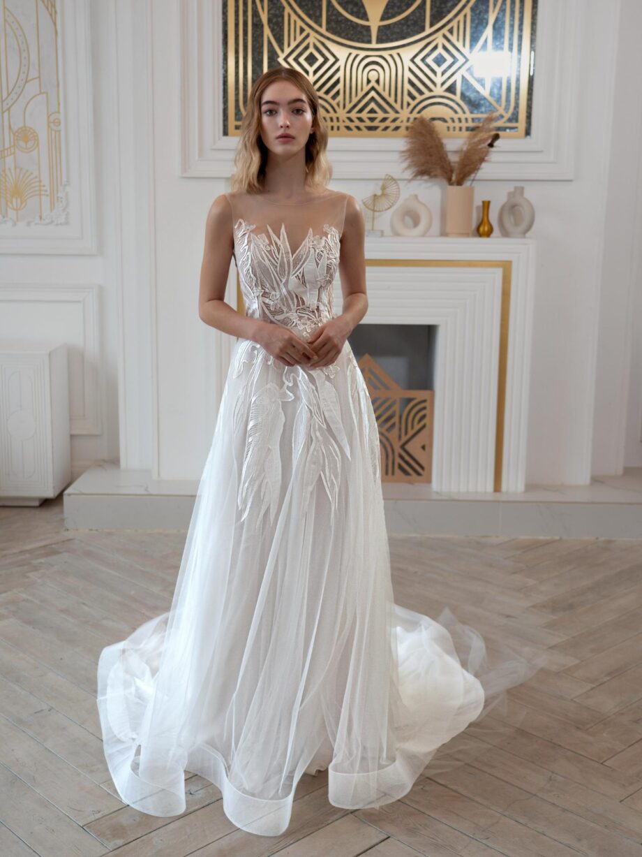 A-line wedding dress with floral embroidery